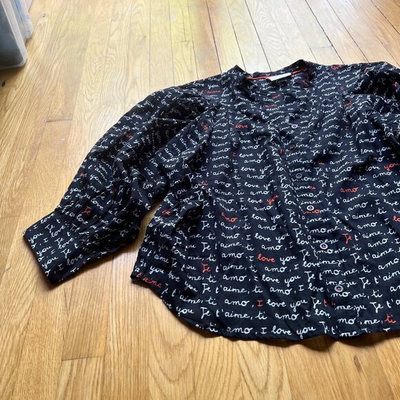 Anthropologie Laetitia Rouget Sz L Black Motif I Love You Puff Sleeve Blouse NWT - Picture 10 of 16